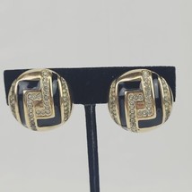 Vintage Signed LJ Gold Tone Black Enamel Rhinestone Dome Clip On Earrings - £10.45 GBP
