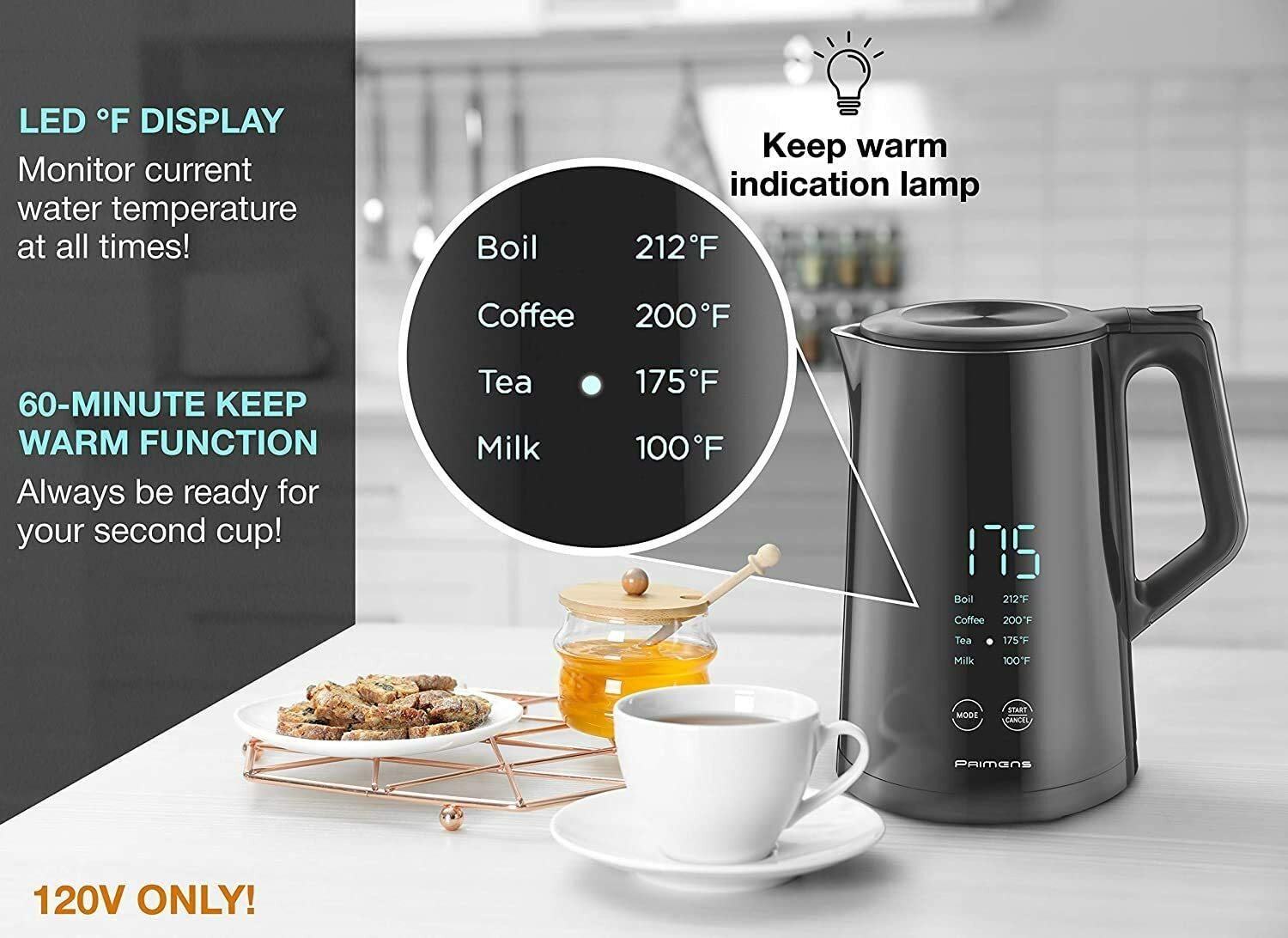 Primens PR-1002 LED Stainless Inner Wall Electric Kettle Coffee Tea Pot  Item image 2