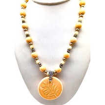 Summery Peach Ceramic Pendant on Beaded Strand, Vintage Bohemian Leaf Imprint - £28.39 GBP