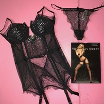 Victoria&#39;s Secret 36C Garter Slip Corset+L Thong Scandalous Black Fashion Show - £118.74 GBP+
