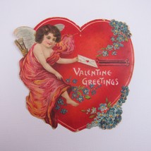 Vintage Valentine Die cut Cupid Card Red Heart Mail Slot Blue Flowers Em... - $7.99