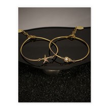 18K Gold Starfish &amp; Pearl Twin Set Bangle Bracelets - stackable, fine, gift - £46.76 GBP