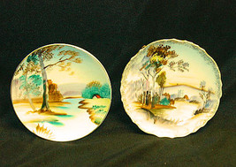 2 Vintage UCAGCO Japanese Handpainted 4&quot; Plates River People Mountain Trees - $16.00
