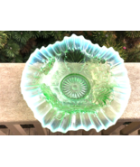 Opalescent Glass NORTHWOOD Blossom &amp; Palm 1905 Green Ruffled Bowl - £35.46 GBP
