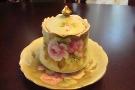 Lefton Japan,vintage covered jelly pot w/ underplate light green and ros... - $44.55