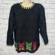 Vintage 90s Christmas Sweater Womens L Black Beaded Presents Gifts Ugly Grandma - $49.45