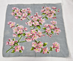 Vintage Cotton Hankie Pink Apple Blossom Branch on Light Gray Color 12.5... - $10.40