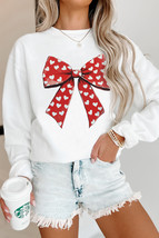 White Heart Bow Printed Round Neck Valentines Pullover Sweatshirt - $20.25