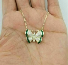 2.50Ct Baguette Cut Simulated Emerald Butterfly Pendant 14K Yellow Gold Plated - £142.43 GBP