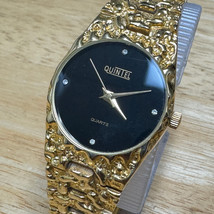 Vintage Quintel Quartz Watch Unisex Gold Nugget Tone Black New Battery 7.75&quot; - £28.51 GBP