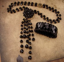 Vintage Bergere Black Flapper necklace Black glass bracelet Estate jewelry  - $145.00