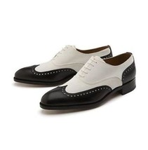 Men&#39;s Handmade Black And White Wing Tip Leather Lace Up Dress Shoes For ... - $216.97 CAD