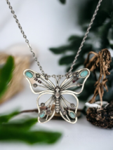18&quot; Vintage Turquoise Filigree Silver Tone Butterfly Pendant Necklace - $8.59