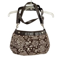 Thirty One Shoulder Or Crossbody Purse Bag Brown White Cotton Woodblock Flowers - £15.94 GBP