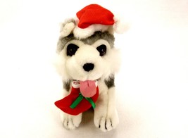 Gray &amp; White Puppy Wearing Santa Hat, Vintage Christmas Plush Toy, Play-By-Play - £19.54 GBP