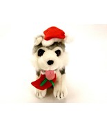 Gray &amp; White Puppy Wearing Santa Hat, Vintage Christmas Plush Toy, Play-... - $33.44 CAD