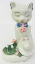 Cat Figurine Ceramic Porcelain Bowing With Hat &amp; Flowers Kitten Pink Blue White - £15.02 GBP