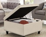 Large Square Storage Ottoman With Wooden Legs, Upholstered Button Tufted... - $277.99