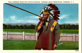 Vtg Postcard, Cherokee Indian with Native Blow-Gun Cherokee Indian Reservation - £5.08 GBP