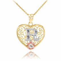 10k Solid Gold Initial Letter R Heart Filigree CZ Pendant Necklace - £95.82 GBP+