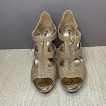 Fioni Gold Sparkle Stiletto Zip-up Front Open Toe Women&#39;s Size 6.5 - £10.24 GBP