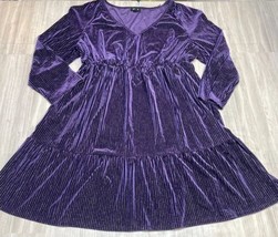 Tacera Size XL 1X Long Sleeve Dress V Neck Elastic Waste Purple Metallic Velour - $29.39