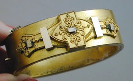 Gorgeous Etruscan Revival Hinged Bangle Bracelet GF Rose Tone &amp; Yellow - $175.00