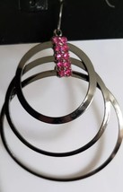 Wear With Look ~ Unique ~ Triple Looper  Earrings w/Pink Crystals ~ 2.75&quot; Drop - £12.06 GBP