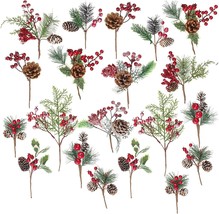 Crafare 20 Pack Assorted Red Berry Pine Picks Spray With Pinecones, Apples, And - £32.81 GBP