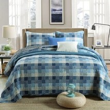 3pc Blue Checkered US Queen Summer 100% Cotton Quilt Coverlet Bedspread Set - £178.53 GBP