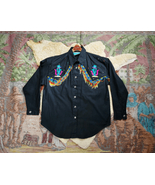 Vtg 1990s Southwest NAVAJO Beaded Fringe Embroidered CACTUS Black Shirt ... - $67.73