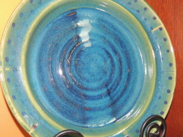 Art Pottery Bowl 13&quot;x2.25&quot; green blue bubble drip glaze Vintage style st... - £35.17 GBP