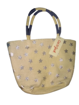 Cat &amp; Jack Silver Star Tan Woven Tote Girls Lined Purse Beach Bag Blue Handles - £5.51 GBP
