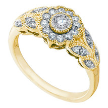 10k Yellow Gold Womens Round Diamond Solitaire Floral Cluster Milgrain Ring - £358.50 GBP