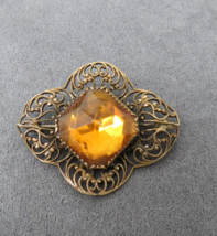 Victorian Gold Filled Brooch Large Yellow Cushion Cut Amber Colored Glas... - $32.00