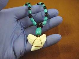 (s6-A) 1-3/8&quot; Modern TIGER SHARK TOOTH 20&quot; black onyx + turquoise bead N... - £66.75 GBP