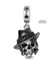 925 Sterling Silver Black Enamel MJ Skull Bead Charm &amp; Stainless Box Chain - £14.19 GBP