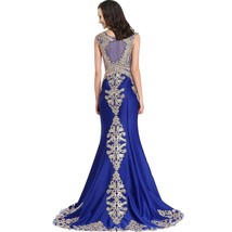 Gold Lace Embroidery Beaded Mermaid Long Sheer Formal Prom Evening Dresses Royal - £107.16 GBP