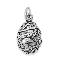 Sterling Silver Easter Egg Charm with Bunny and Flowers Design - $24.95
