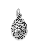 Sterling Silver Easter Egg Charm with Bunny and Flowers Design - £20.25 GBP