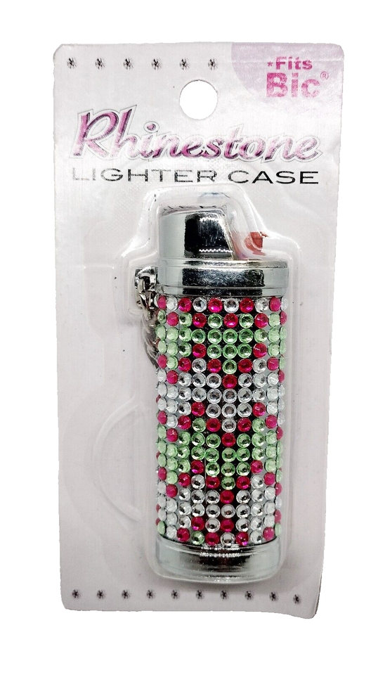 Bedazzle Pink & Green Design Rhinestone Plastic Big Bic Lighter Case/Keychain