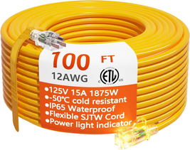 12/3 Gauge Heavy Duty Outdoor Extension Cord 100 Ft Waterproof with Ligh... - £71.38 GBP