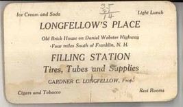 Longfellow&#39;s Place New Hampshire filling station 1926 map trade business card  - £11.19 GBP