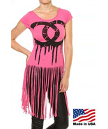 Women's Fringe String Shirt Sexy Dripping Paint Graphic Logo Pink Size SMALL - £7.99 GBP