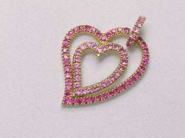 PINK SAPPHIRES Double HEART Pendant in GOLD on STERLING Silver - 1 5/8 i... - $90.00