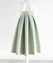 Winter Sage Green Midi Pleated Skirt Women Plus Size Woolen Holiday Skirt