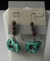 Turquoise/Wood Bead Dangle Hook Earrings 2.25&quot; Long - $9.41