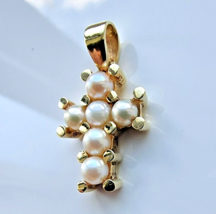 Exquisite 14K Yellow Gold White Pearl Cross Pendant - £163.65 GBP