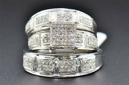 His Her Diamond Engagement Wedding Band Trio Ring Set14K White Gold Over - £108.16 GBP