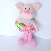 Handmade Pink Felt Pig Yellow Red Flower Dress 10&quot; Plush Stuffed Animal - £15.86 GBP